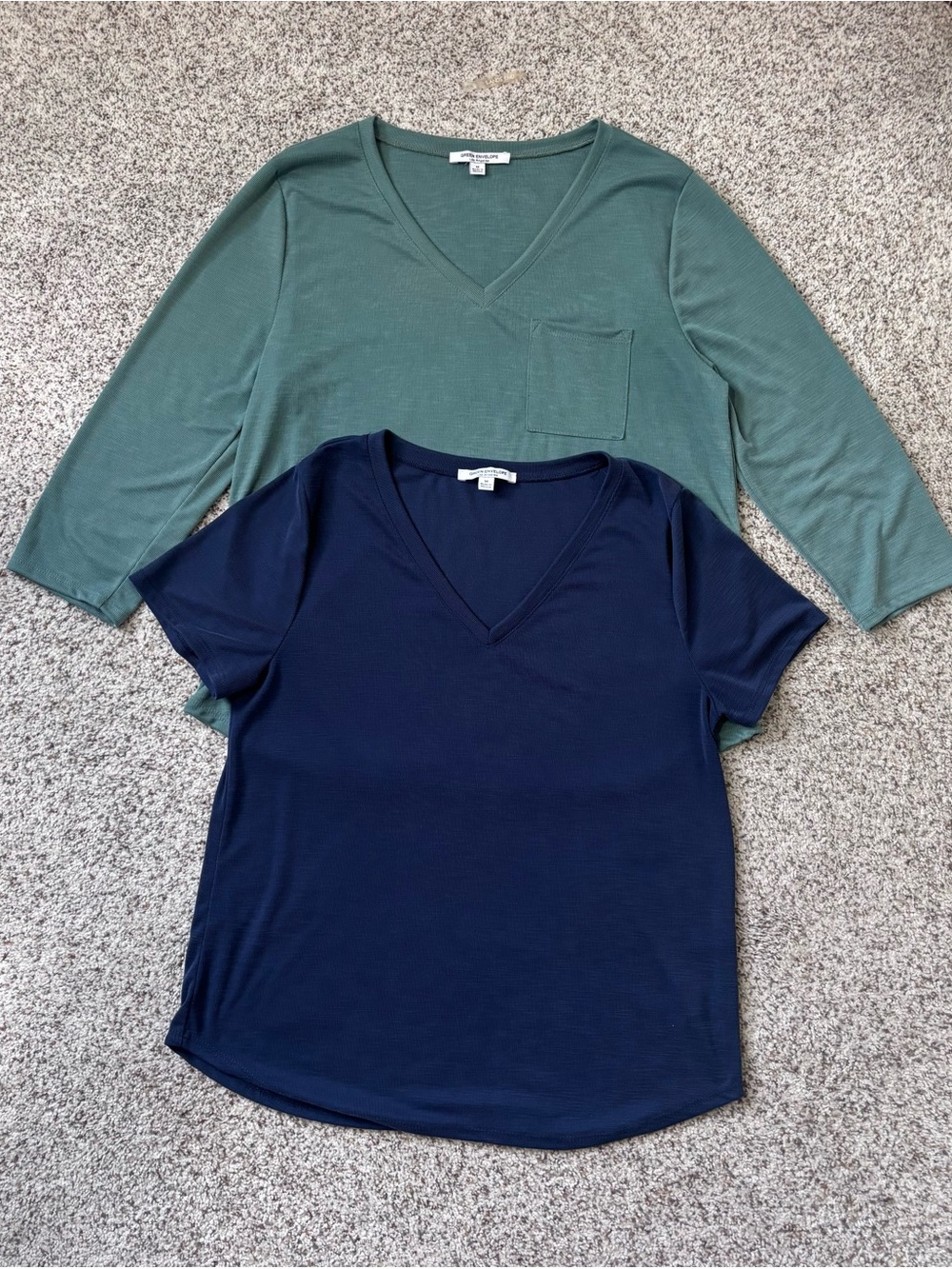 NWOT Pair of Green Envelope soft ribbed V-neck tees. Sage has Pocket